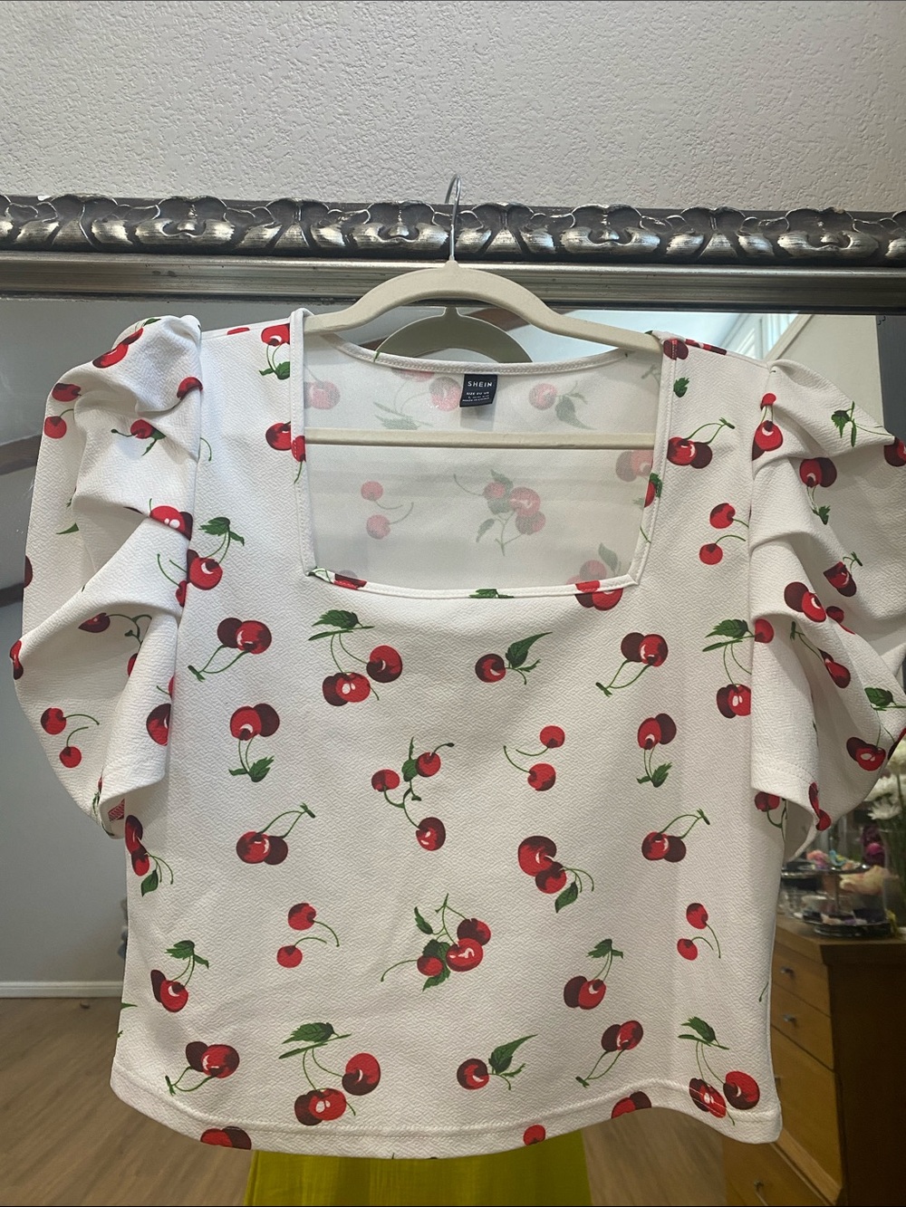 SHEIN White Cherry Print Puff Sleeve Square Neck Blouse